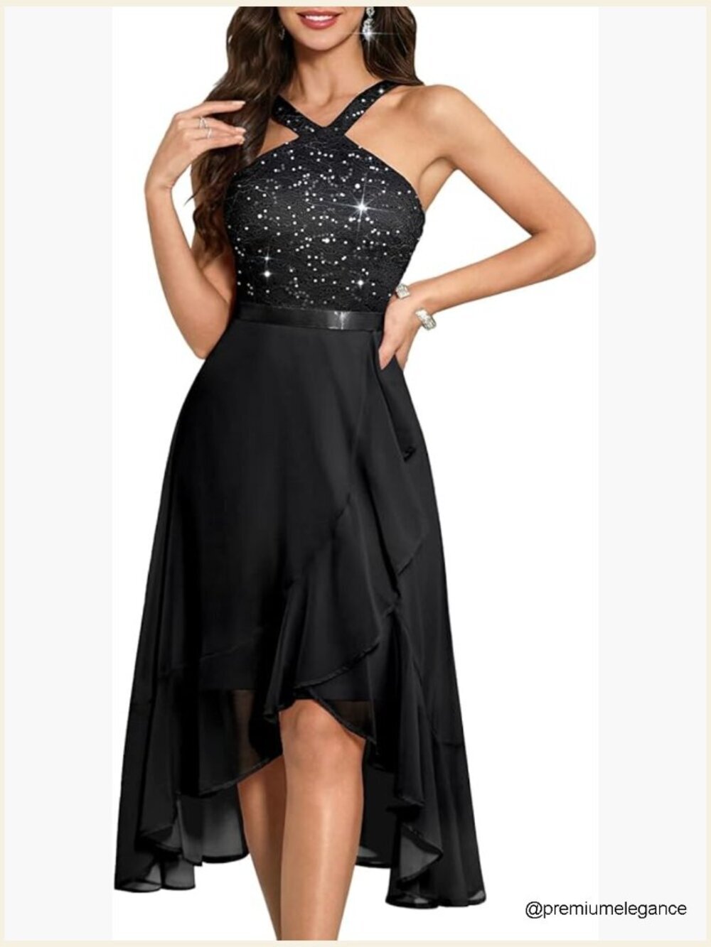 Sequin Halter Hi-Lo Prom Dress with Sleeveless Fit & Flare Silhouette